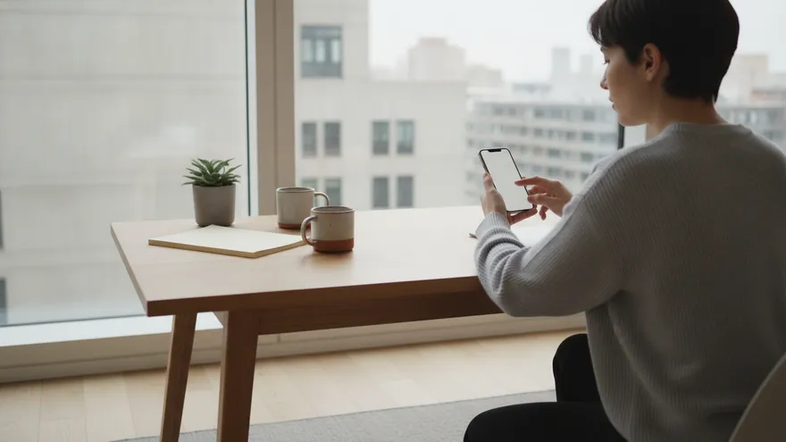 Someone at a bright desk holding a phone, thumb hovering over a blank screen, window light behind them.