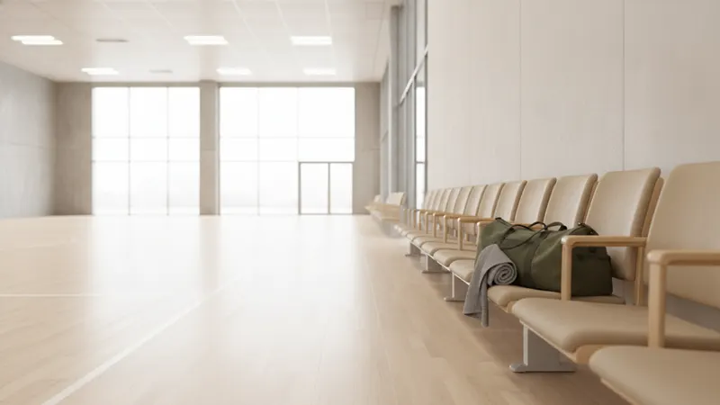 A row of empty seats beside an indoor sports court under flat overhead light, with one bag left on the end seat.