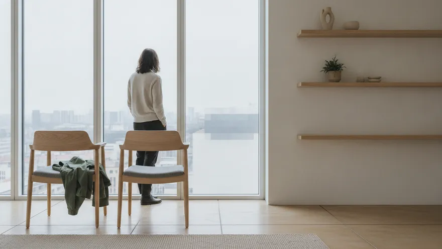 Two chairs facing a bright window, a green coat over one of them, and a person standing at the glass looking out.