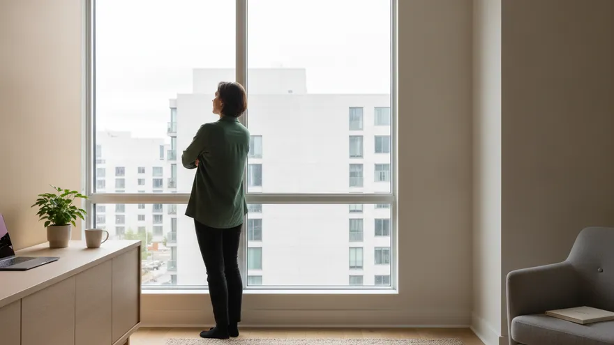 Someone standing at a bright window with their back to the room, daylight in front of them.
