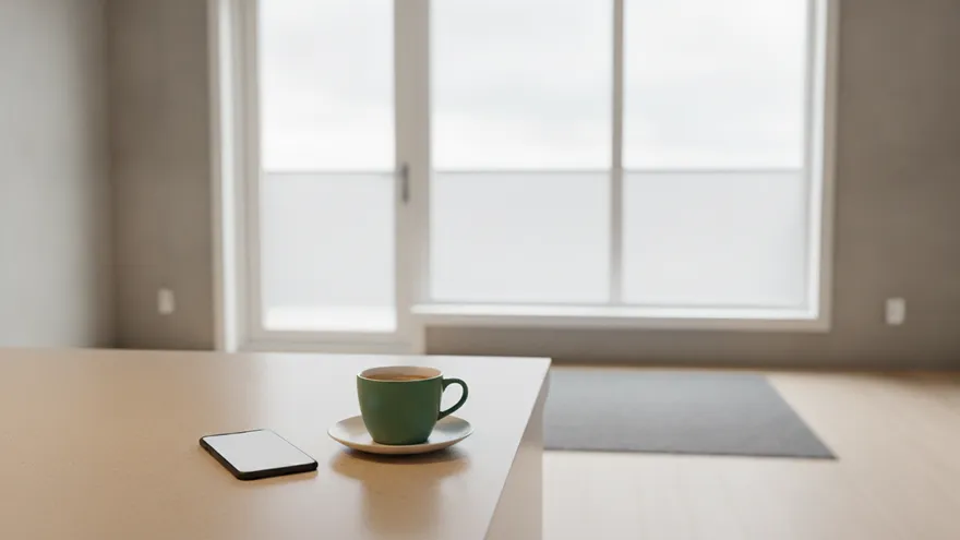 A green mug and a phone left on the corner of a table in a bright, empty room.