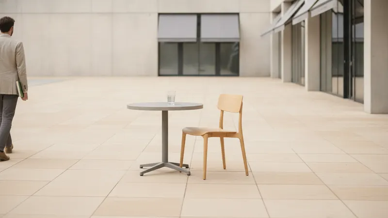 A single small table with one untouched glass on it and one empty chair, alone in a wide, bright, empty plaza, with someone walking away in the background.
