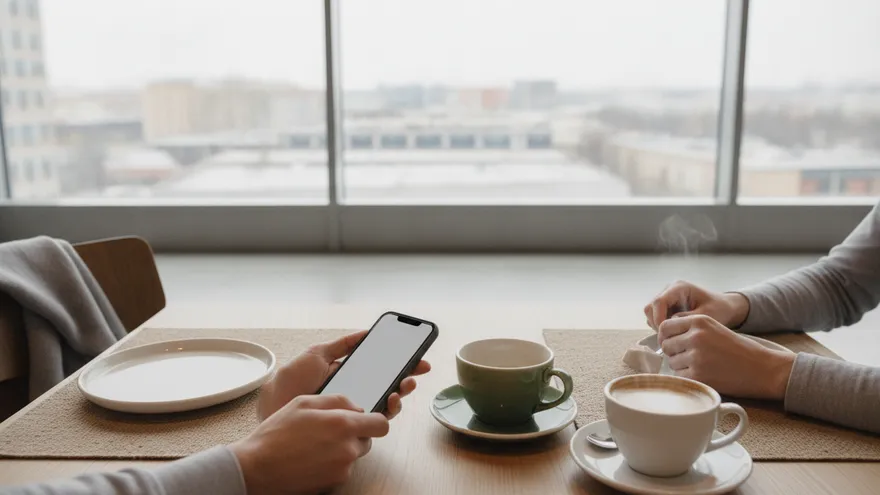 A bright café table seen from one person's seat with their coffee and phone held low, a second cup and someone's hand across from them.