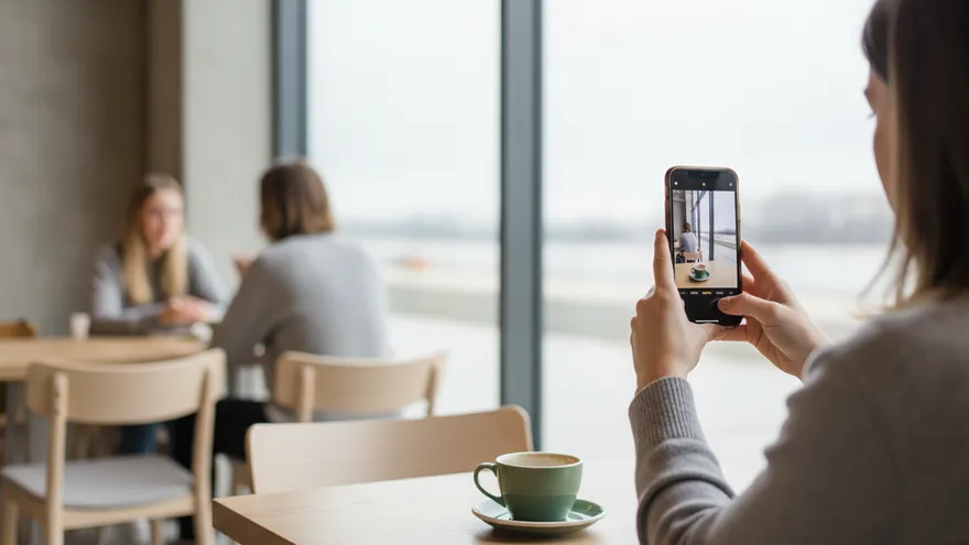 Over someone's shoulder, a phone framing a photo of a café table with two cups, the screen showing only the image itself.