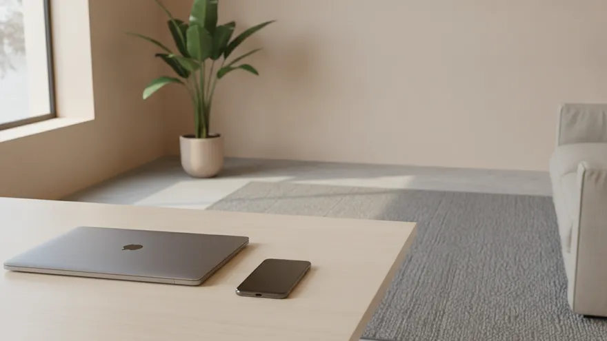 A phone lying face-down on a bright desk beside a closed laptop in an ordinary daylit room.