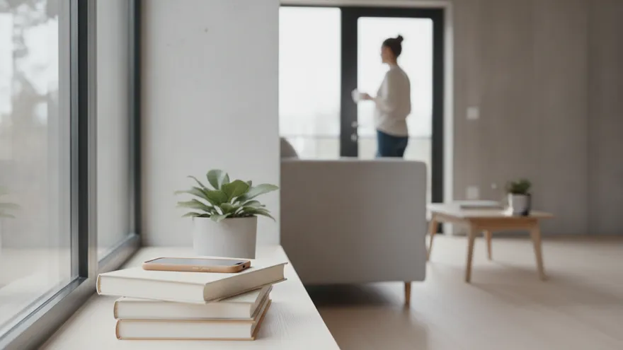 A plant standing on a stack of books by a bright window, someone with a mug at the door in the background.